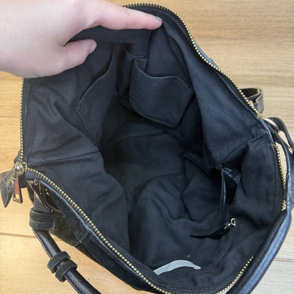 H&M Black Suede Slouchy Hobo Drawstring Shoulder Crossbody Bag Leather Boho